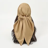 Écharpe carrée en satin uni pour femmes musulmanes, bandeau de sauna, enveloppes de hijabs, écharpe de cheveux de mode, turban islamique décontracté, bandbana féminin, inj90 5