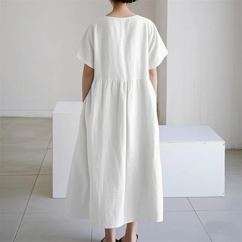 Hochgeschnittene Modische Übergröße-Kleider für Damen Baumwolle Leinen Locker Lässig O-Ausschnitt Pullover-Kleid Einfarbiges Plissiertes Kleid – Detail 21