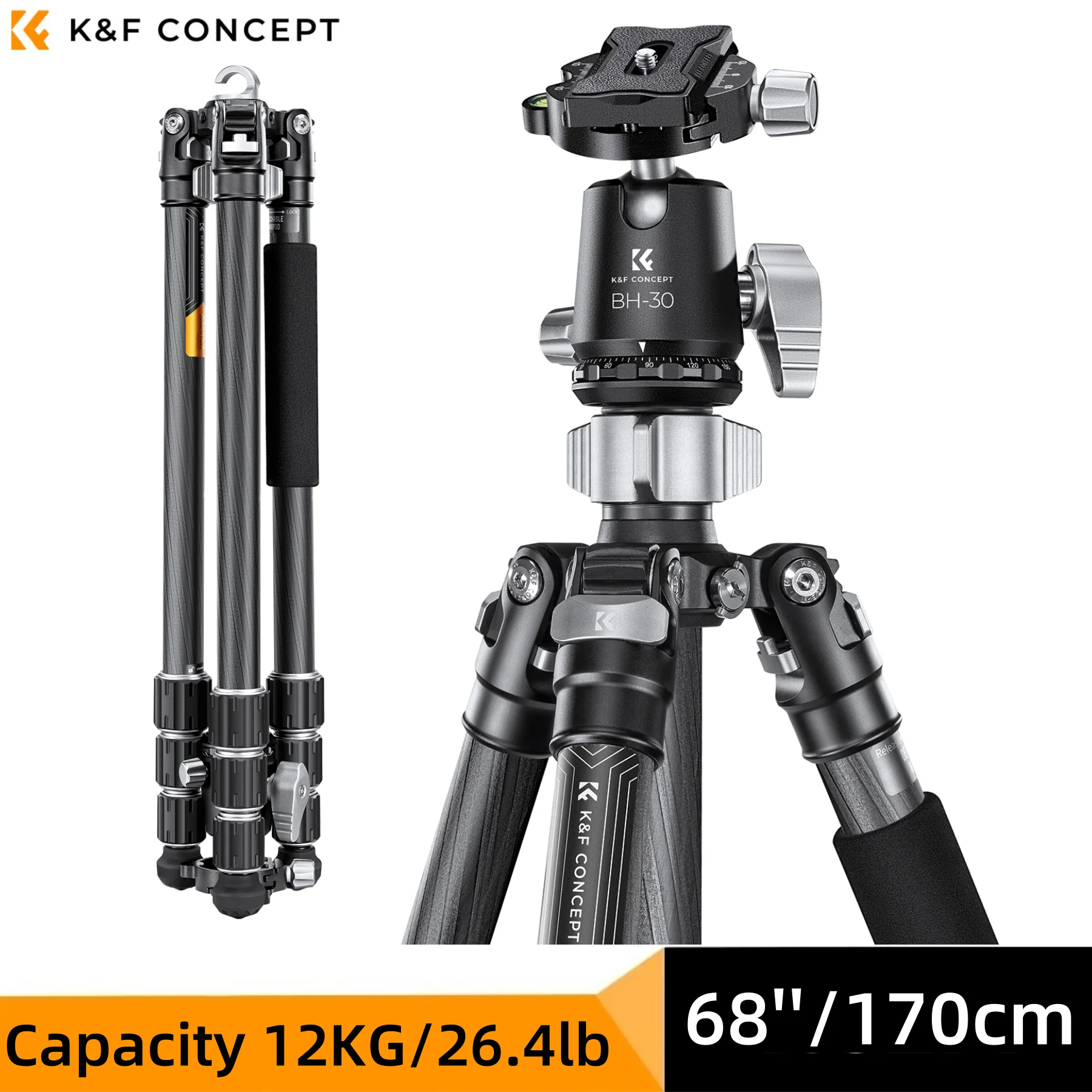 K&F Concept 68"/170cm Carbon Fiber Camera Tripod Professional Photography Tripod with 30mm Metal Ball Head Capacity 12KG/26.4lb