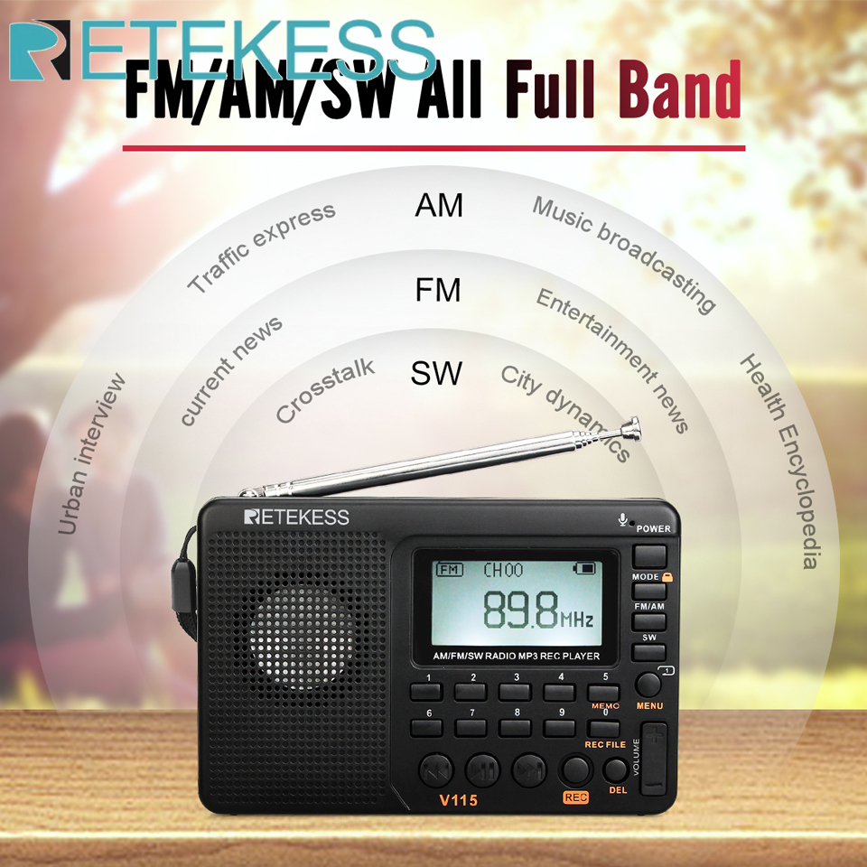 RETEKESS V115 Radio FM AM SW Portable Radios Rechargeable  Radio Batteries multiple bands  USB Recorder Speaker for Elders TX32