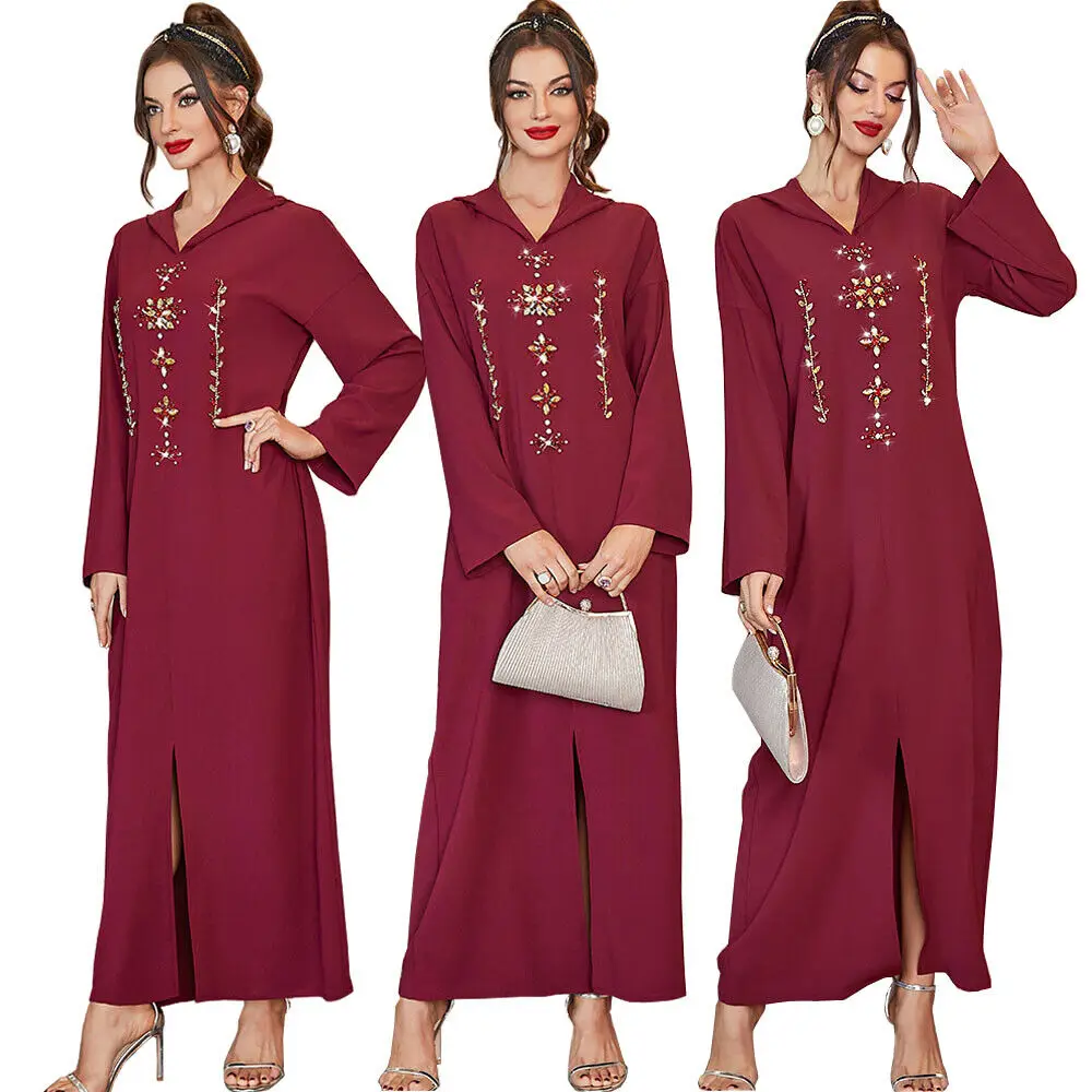 Women Long-sleeved Dress Ramadan Hooded Muslim Abaya Long Dress Moroccan Kaftan Maxi Robe Party Eid Sarees for Women In India
