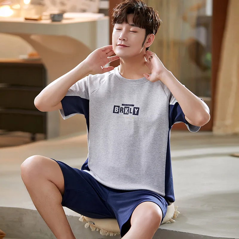 

Summer Men's Pajamas Short Sleeved Pure Cotton Casual Home Clothing Set Outdoor Male Breathable Plus Size Night Wear Suit Youth