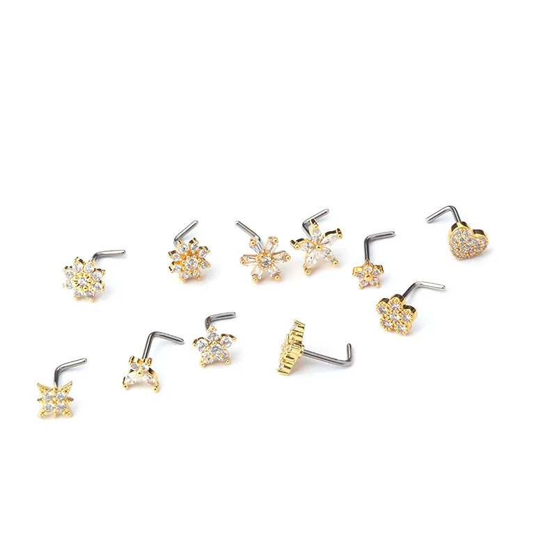 Nose Rings Stainless Steel Small Nose Rings Zircon Flower Heart Nose Stud 20G Body Piercing Jewelry For Women Men Gift