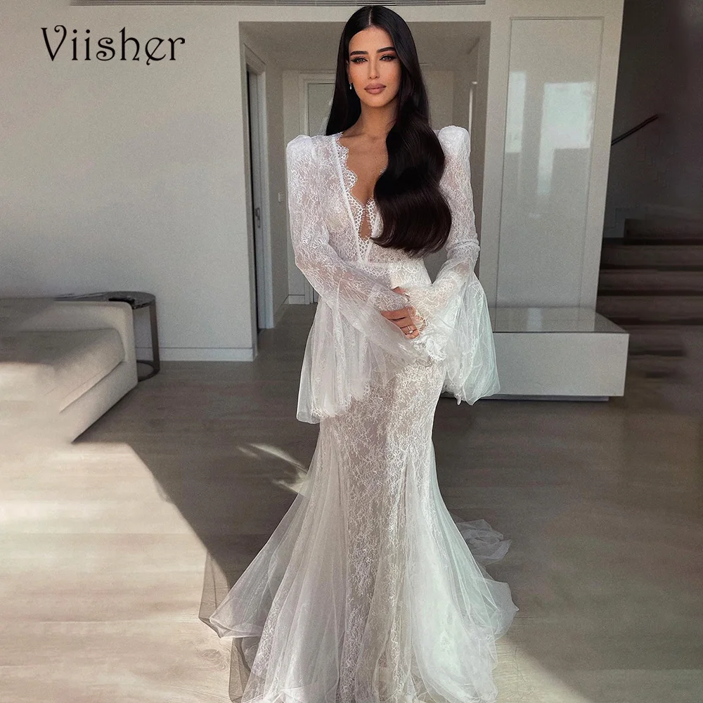 

Viisher Lxury Lace Mermaid Wedding Dresses Long Sleeve Illusion Tulle Boho Bride Dress Deep V Neck Beach Bridal Gowns Customized