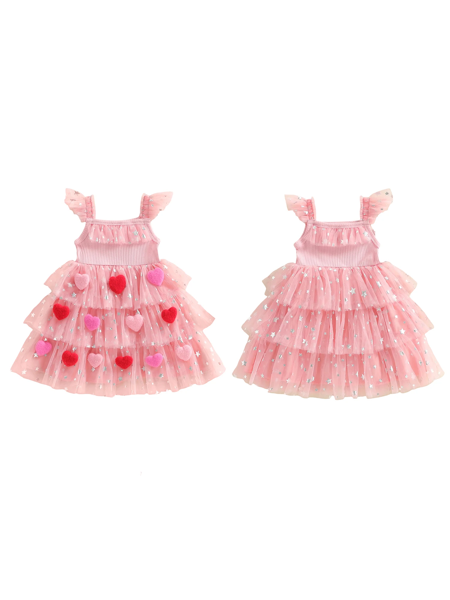 Girls Sequin Embellished Tulle Dress with Ruffle Sleeves and Square Neckline Heart Appliques Star Print A Line Dress