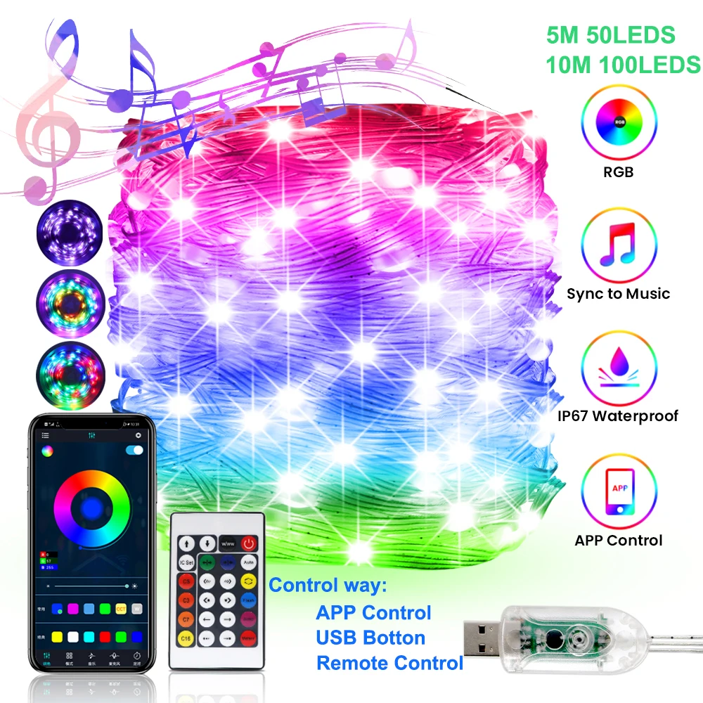 LED Fairy String Light Remote Bluetooth APP USB Control Smart RGB