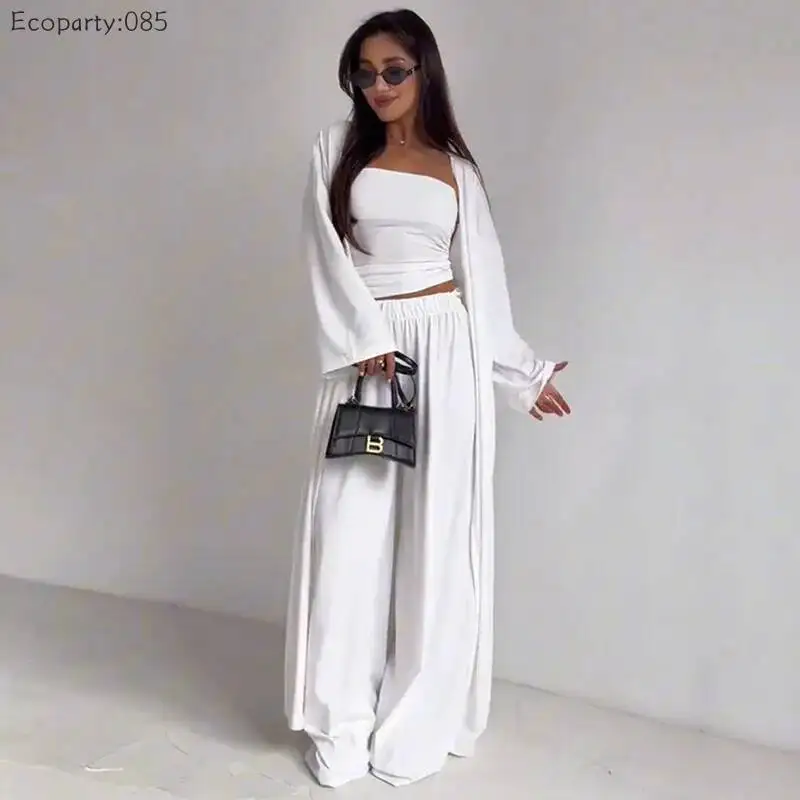 Casual Three Piece Outfit Set with Strapless Top Long Cardigan and Wide Leg Pants — photo 4