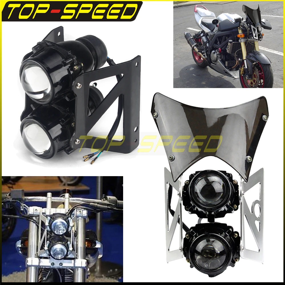Moto Universale Twin Headlight Plastica Dirt Bikes Schermo Del Vento Dual Sport Faro Parabrezza Street Bike Head Lamp Staffa