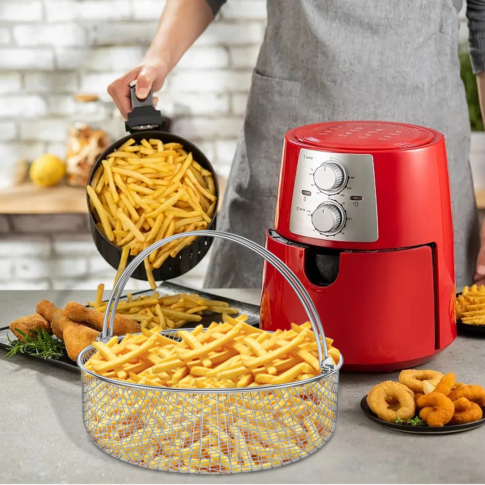 Air Fryer Mesh Basket Stainless Steel Air Fryer Steamer Basket With Handle Metal Crisper For Home Kitchen