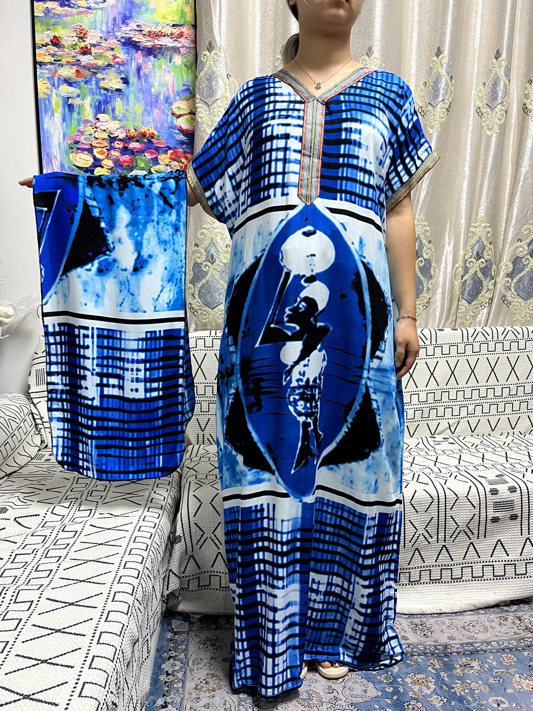 Muslim Abayas For Women 2023 New Summer Cotton Printed V-neck Loose Fit Femme Robe African Traditional Dresses With Turban Belt