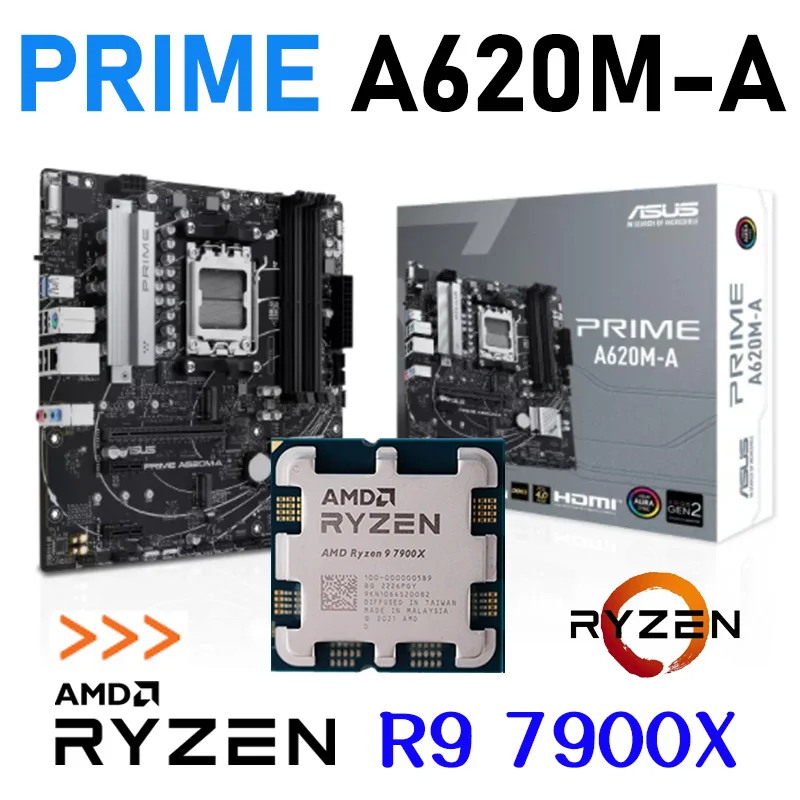 

ASUS PRIME A620M-A Mainboard Desktop PCI-E 4.0 AMD A620 With AMD Ryzen 9 7900X Processor CPU Combo 128GB M.2 DDR5 AM5 Desktop