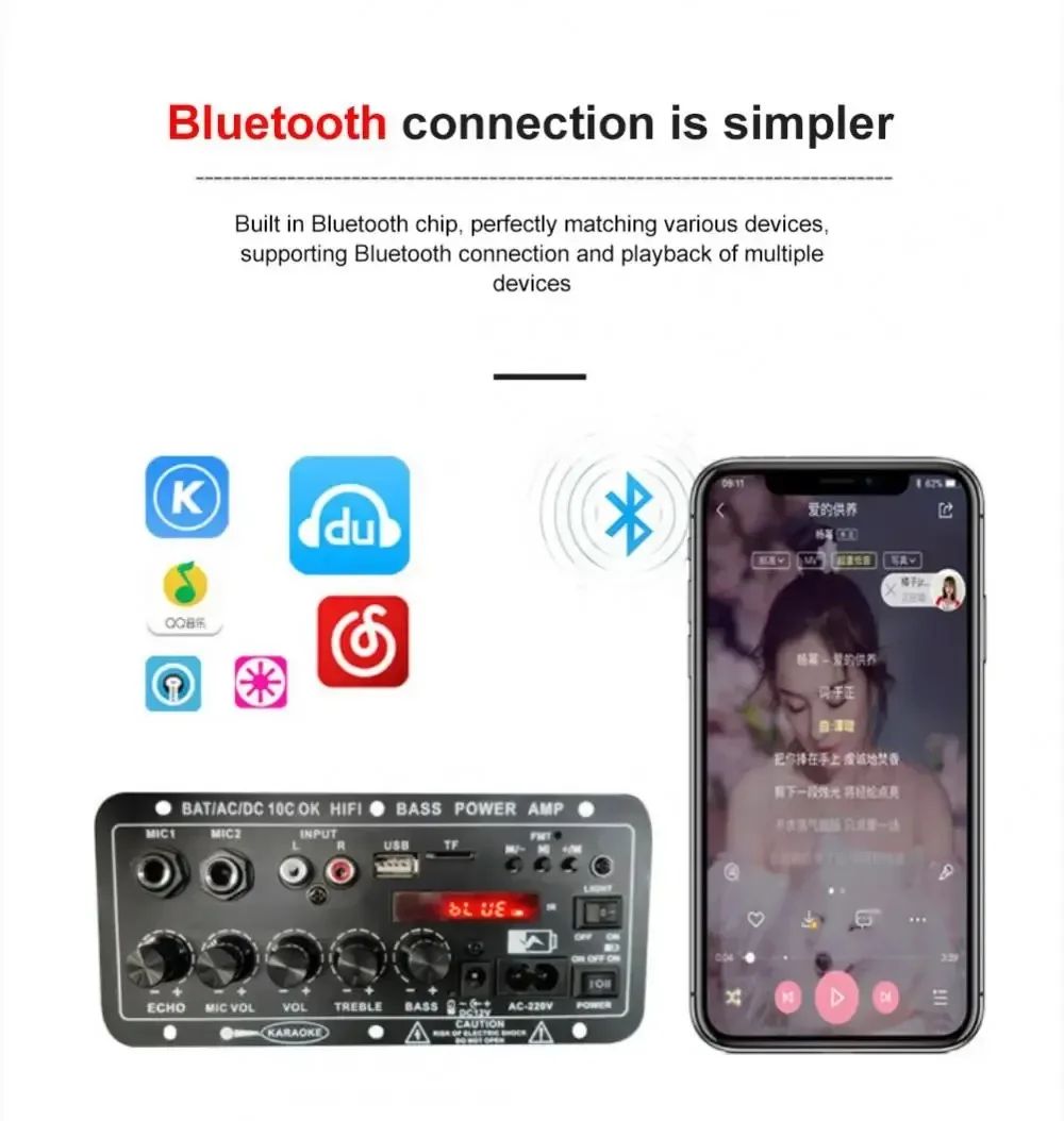 30W-120W Digital Bluetooth Amplifier Board D10C Subwoofer Dual Microphone Amp Sp