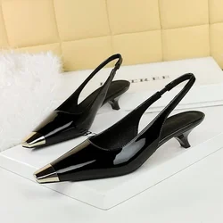 Women's Glossy Patent Leather Heels with Metallic Accent and Rear Strap - 38 (Black)