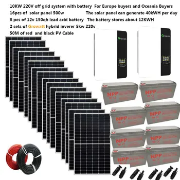 Solar Panel Complete Kit 220v House 10000 w 10000W 10KW 110V Growatt Hybrid Inverter Gel Battery Off Grid Solar System Home Farm