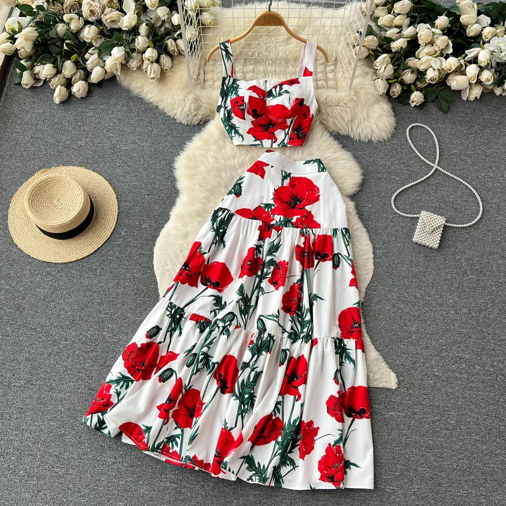 Runway Summer Maxi Skirt Top Suit Two Pieces Womens Outfits Fashion Floral Print Spaghetti Strap Holiday Beach Dress Set M530