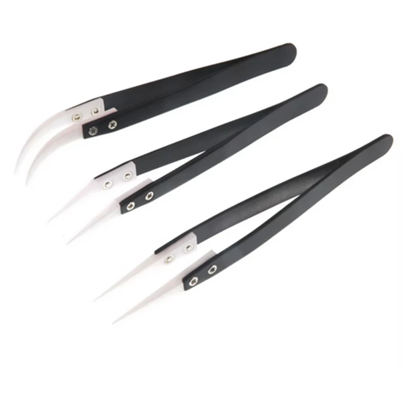 Anti-Static Ceramic Tweezers Stainless Steel Industrial Ceramic Tweezers Insulated Straight/Curved Tip Black-Whit Tools