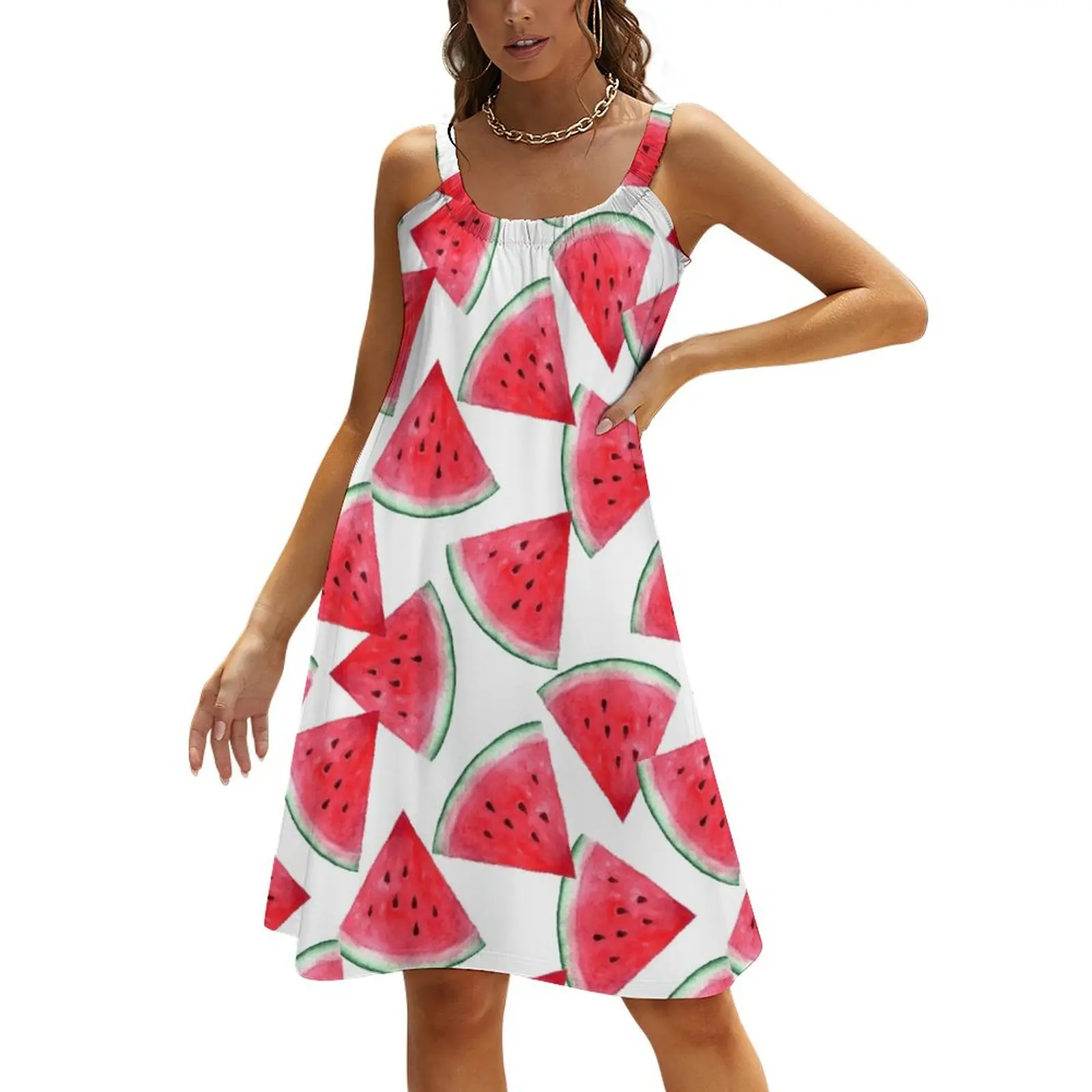 

Juicy watermelon. Watercolor Tropical Fruit Beach Sling Skirt festival outfit women Elegant gown loose women's dress