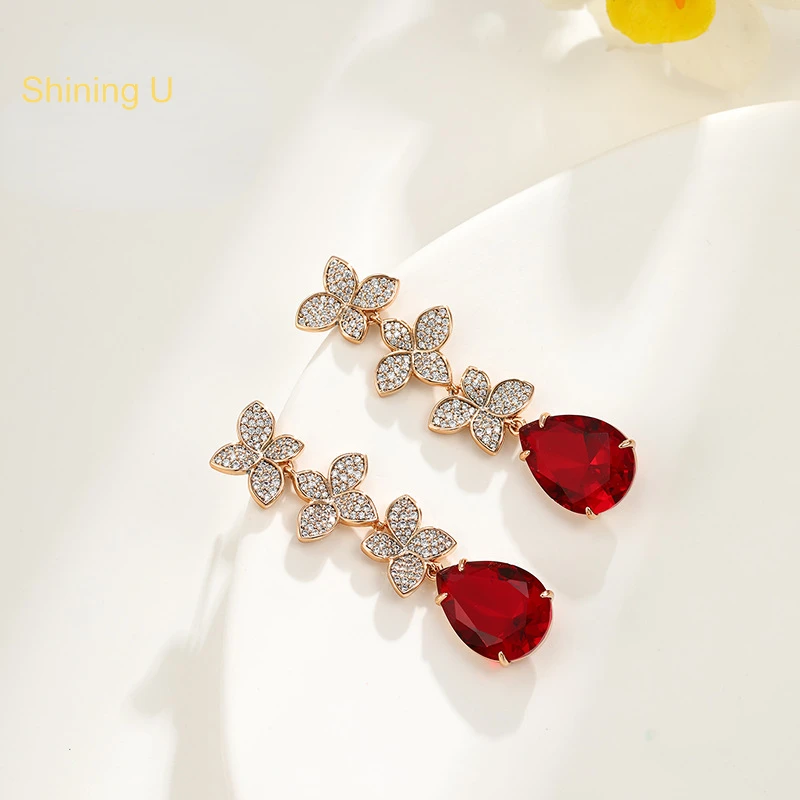 

Shining U Colored Gems Ruby Synthetic Stone Waterdrop Earrings for Women Floral Vintage Luxury Fashion Jewelry