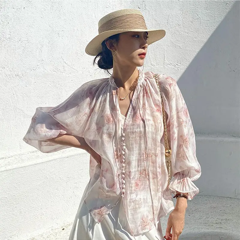 

French Style Rose Ear Collar Lotus Leaf Sleeves Women's Shirt Transparent Silk Shirt