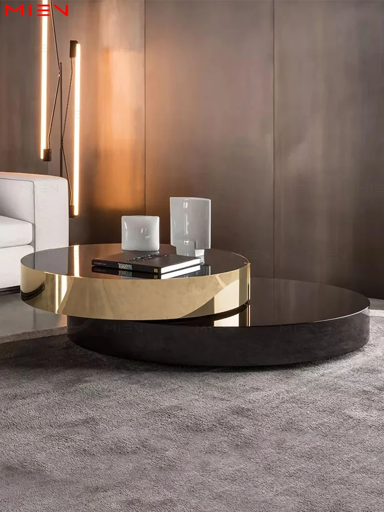

High-End Affordable Luxury Double-Layer Oval Coffee Table Metal round Band Drawer Coffee Table