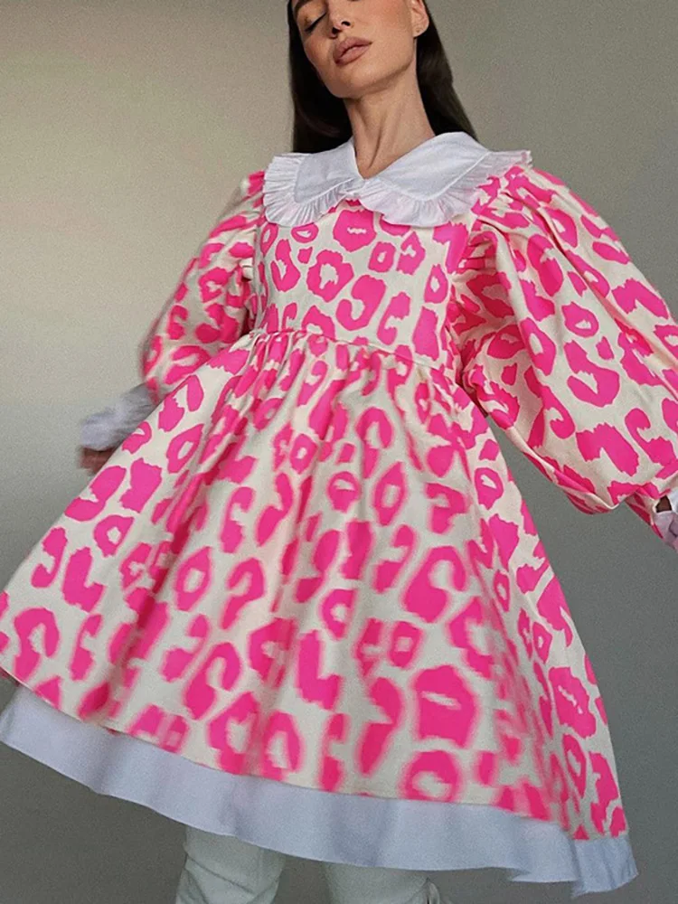 

Casual Print Dress Women Fashion Chic Doll Collar Lantern Sleeve Mini Dresses Elegant Loose Patchwork Female Dress Summer