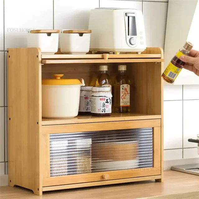 ตู้ข้างโต๊ะครัวแบบญี่ปุ่น ทำจากไม้ไผ่ ตู้เก็บของในครัว เฟอร์นิเจอร์บ้าน ตู้เก็บภาชนะบนโต๊ะอาหาร พร้อมบานประตูป้องกันฝุ่น 3