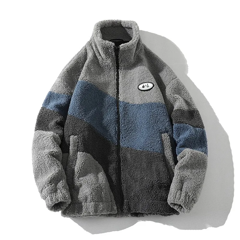 

2022 Casual Lamb Wool Parka Winter Patchwork Coat Streetwear Men Clothing Hip Hop Print Zipper Jackets