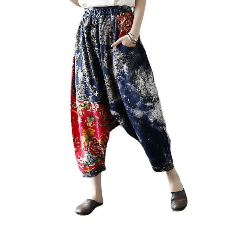 

Shanghai Story Women's Blend Linen Wide Leg Floral Printed Patchwork Pants Yoga Harem Trousers