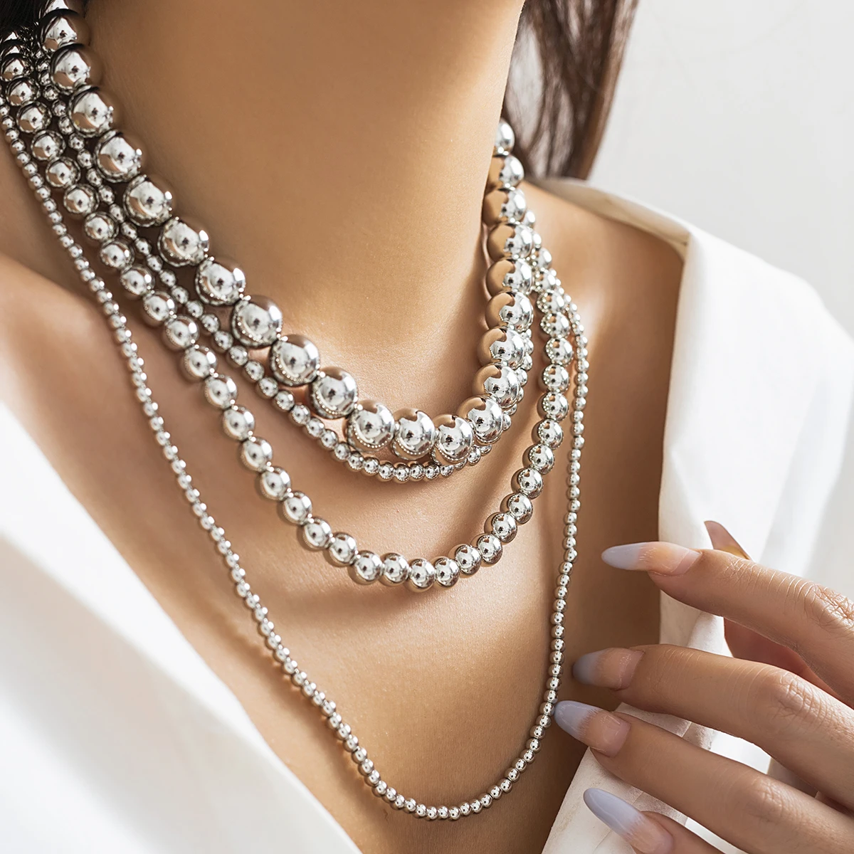 Exaggerated Multilayer Silver Color Big Beads Necklace for Women Luxury Punk Acrylic CCB Long Chokers Wedding Party Neck Jewelry