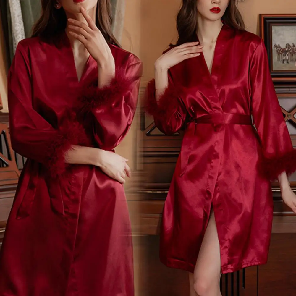 Imitation Silk Women Nightgown Solid Color Faux Fur Trim Adjustable Waist Tie Satin Sleepwear Weddings Bride Morning Robe