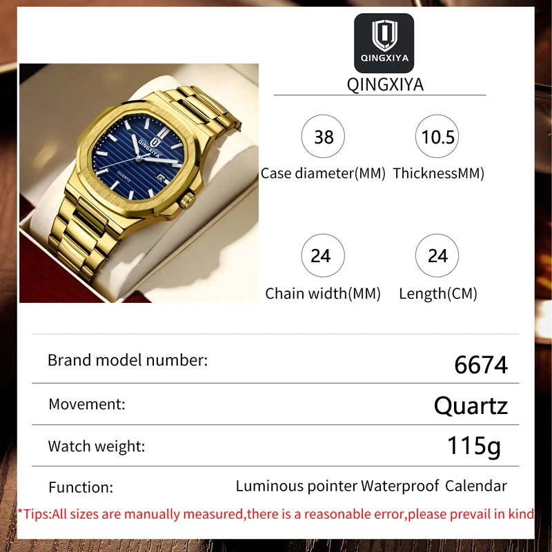 QINGXIYA New Fashion Square Quartz Watch Stainless Steel Gold Strap Waterproof Luminous Calendar Mens Watches Top Brand Luxury