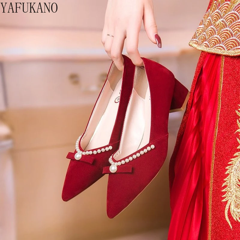 Zapatos de boda rojos elegantes con lazo para mujer, tacones altos, puntiagudos, boca poco profunda, zapatos individuales, cómodos y gruesos| Zapatos de de mujer| - AliExpress