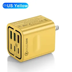 PowerPro 100W Multi - Port Fast Charger with EU/US/UK Plug Options - US Plug Yellow