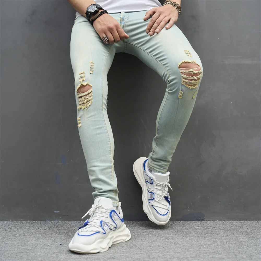Men Vintage Holes Solid Stretch Skinny Jeans Trousers Stylish Ripped Male Cotton Jogging Slim Casual Denim Pants