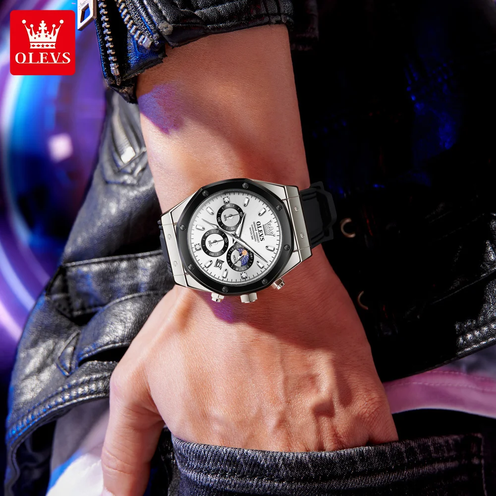 OLEVS 9911 Original Quartz Watches For Men Fashion Silicone Strap 24 Hour Moon Phase Waterproof Chronograph Top Luxury Man Watch