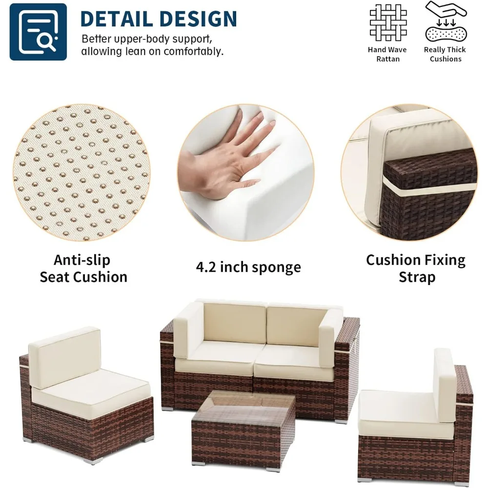 Patio Furniture Sets, 5 Pieces Modular Rattan Outdoor Patio Sectional Furniture Sofa Set, Wicker Patio Conversation Set 4
