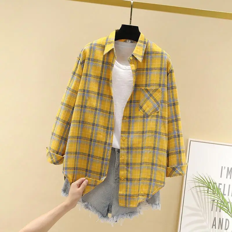 Fashion Printed Lapel Spliced Pockets Plaid Shirt Women's Clothing 2023 Autumn Winter New Casual Tops Loose Long Sleeve Blouse