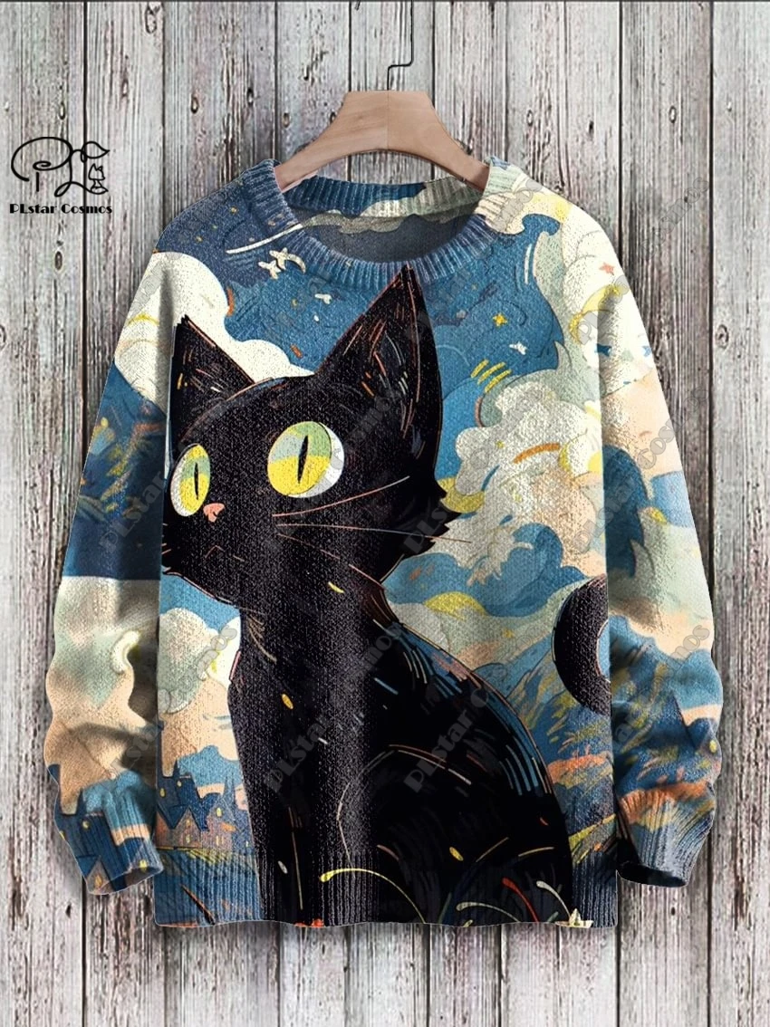 PLstar Cosmos new 3D printed animal series cute funny cat pattern ugly sweater winter street casual unisex M-15