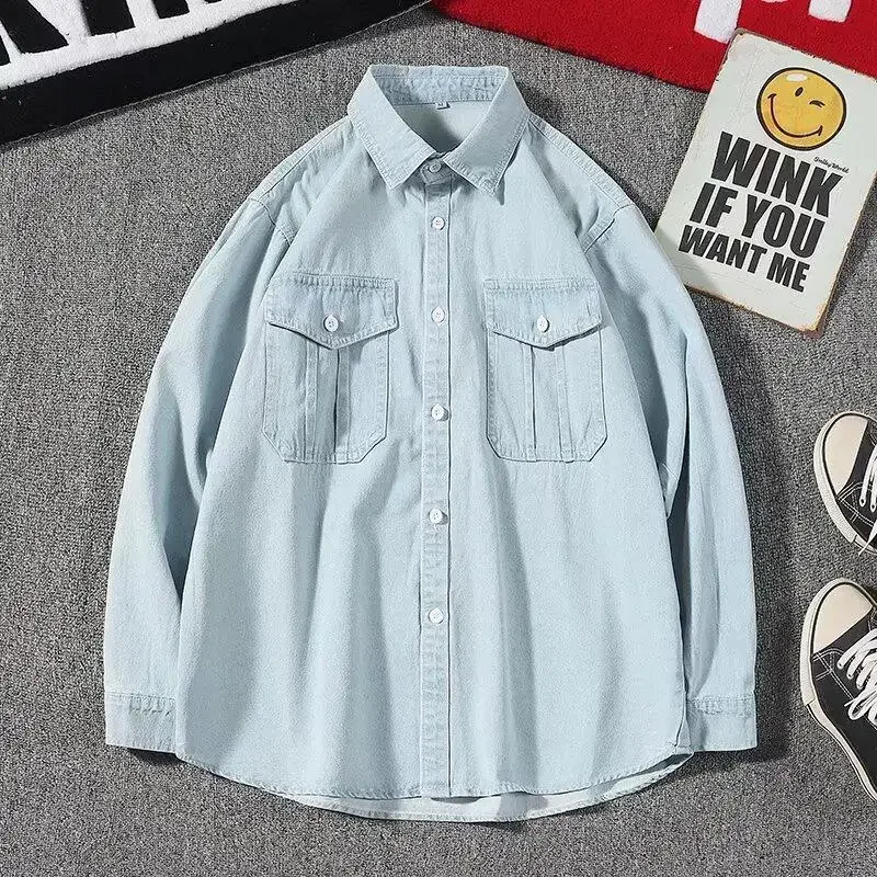 American Style Unisex Long Sleeve Denim Shirt Soft Wash Distressed Double Pocket Vintage