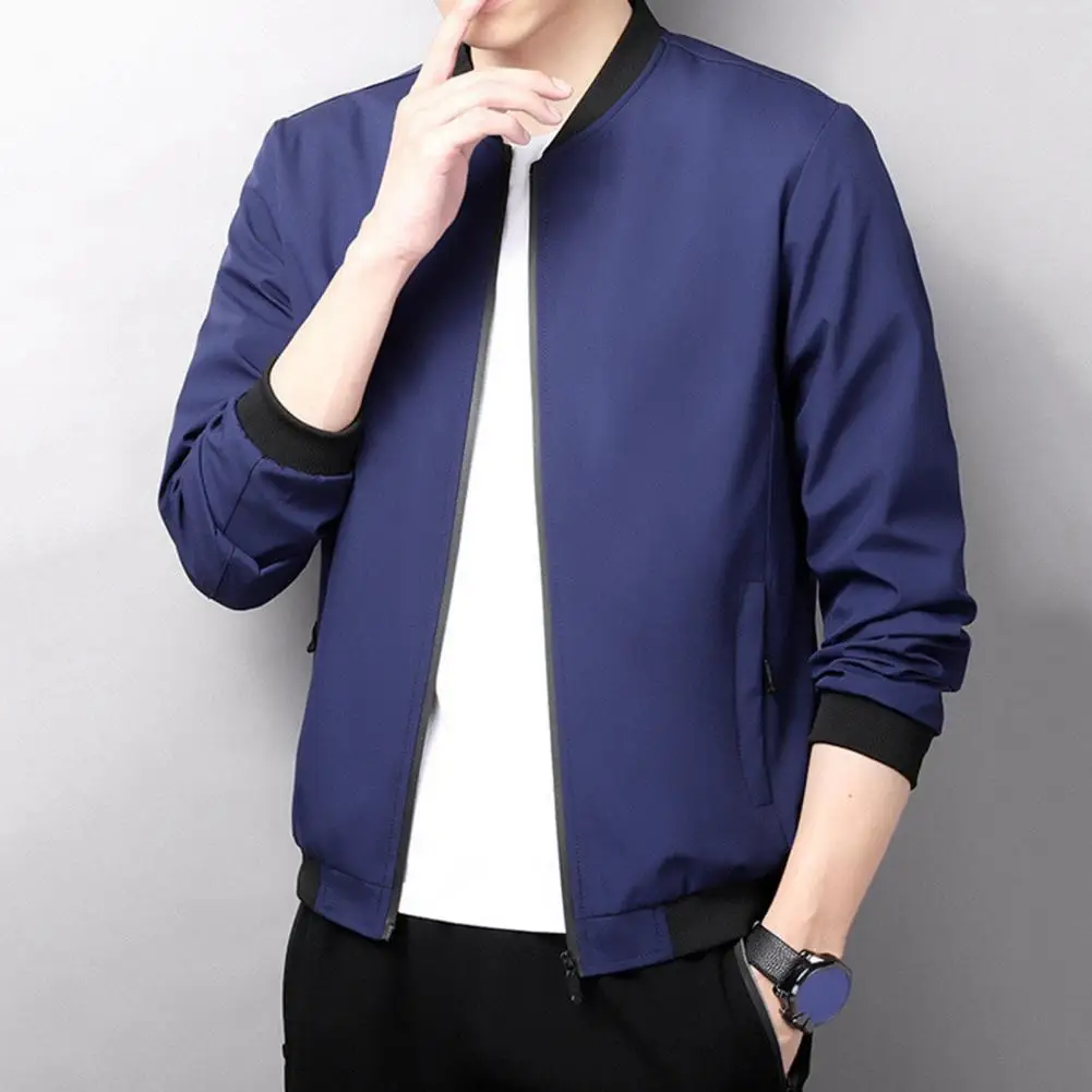 

Men Jacket Versatile Men's Spring/fall Jacket Stand Collar Smooth Zipper Closure Mid Length Pockets Casual Loose Fit Solid Color