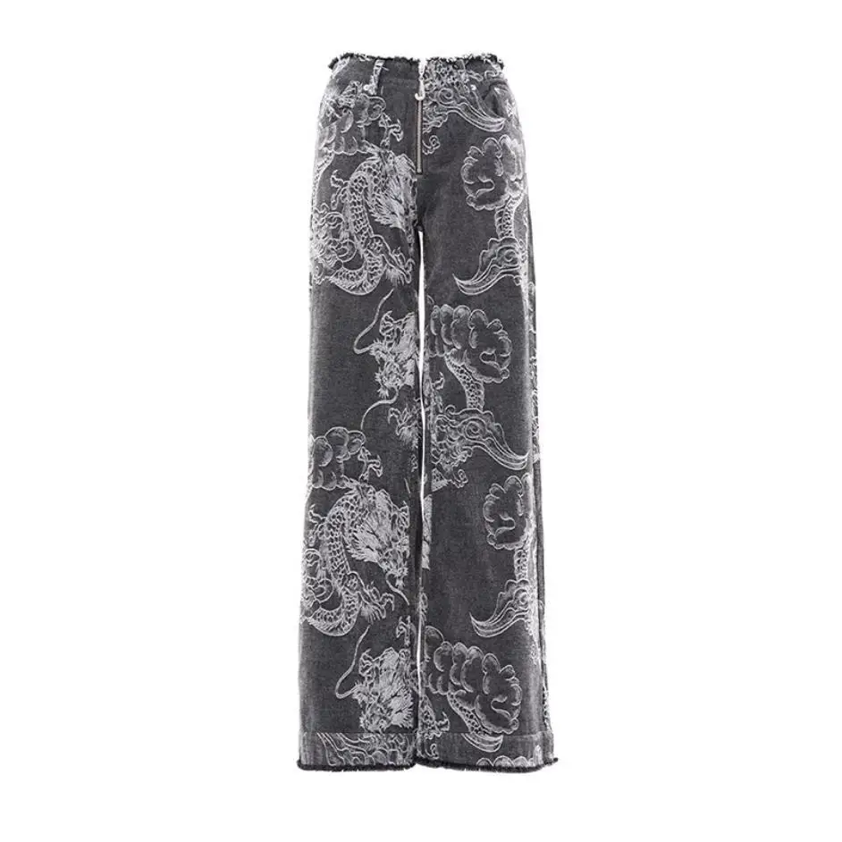 Dragon Print Straight Jeans Women Denim Pants y2k pant woman clothing cargo streetwear harajuku loose goth grunge boyfriend bf