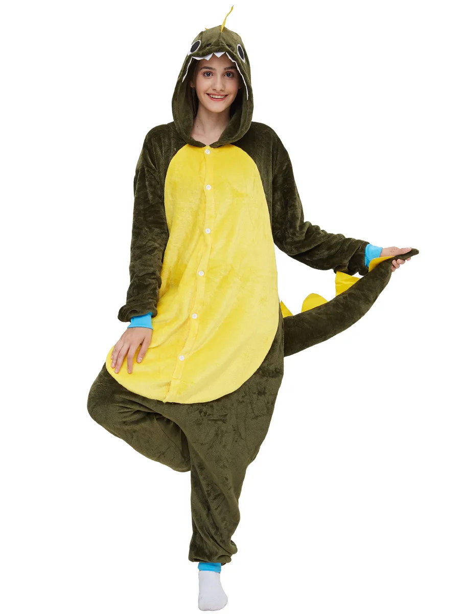 Green Dragon Cartoon Flannel Women Pajamas Set Dinosaur Adult Kigurumi Onesie Cosplay Animal Onepiece Unisex Men Funny Sleepwear
