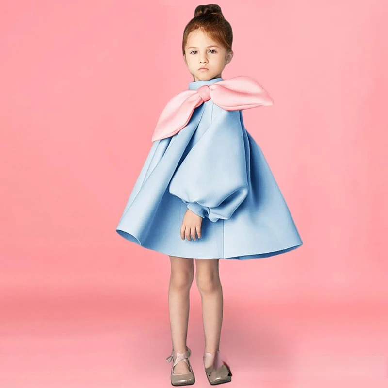 

2024 New Evening Gown Bow Puff Sleeve Design Wedding Children's Boutique Princess Girls Dresses Birthday Baptism Party Clothes