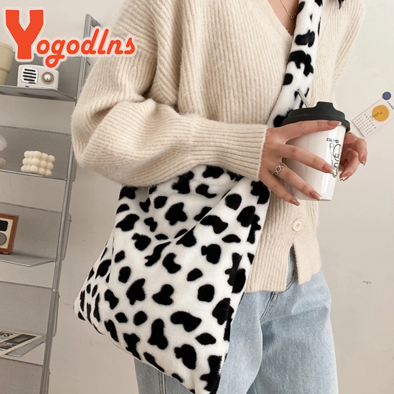 Winter New Plush Shoulder Bag Female Animal Pattern Crossbody Bag Warm Wool Messenger Bag Large Capacity Bucket Handbag