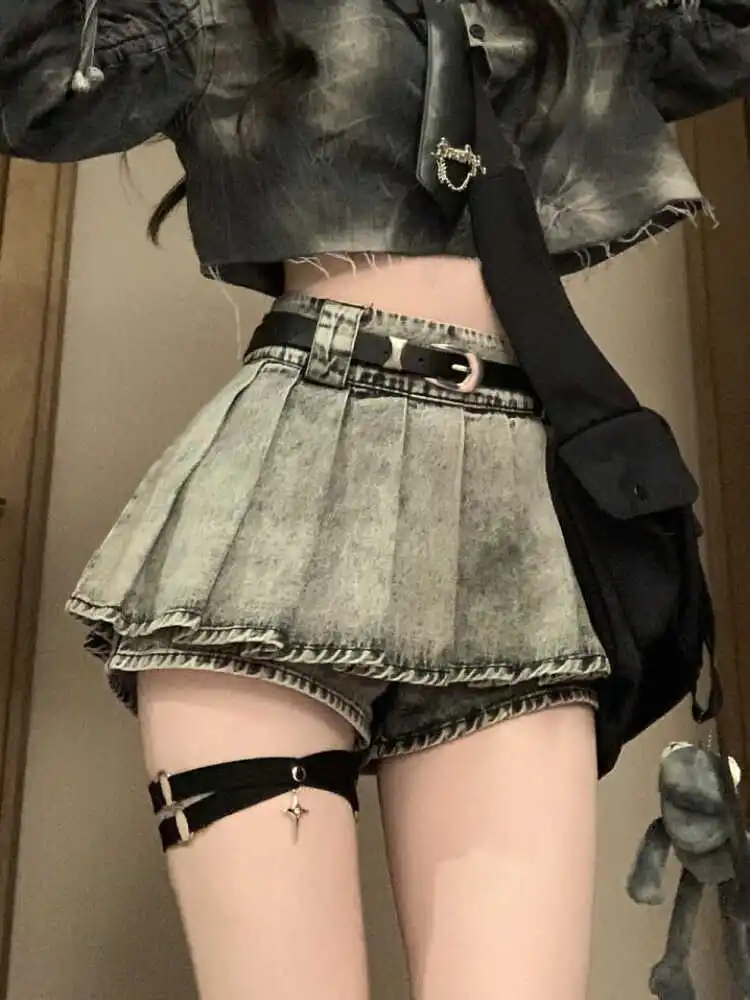 SummerWomenKoreanFashionEgirlMiniLowRisePleatedJeanSkirt