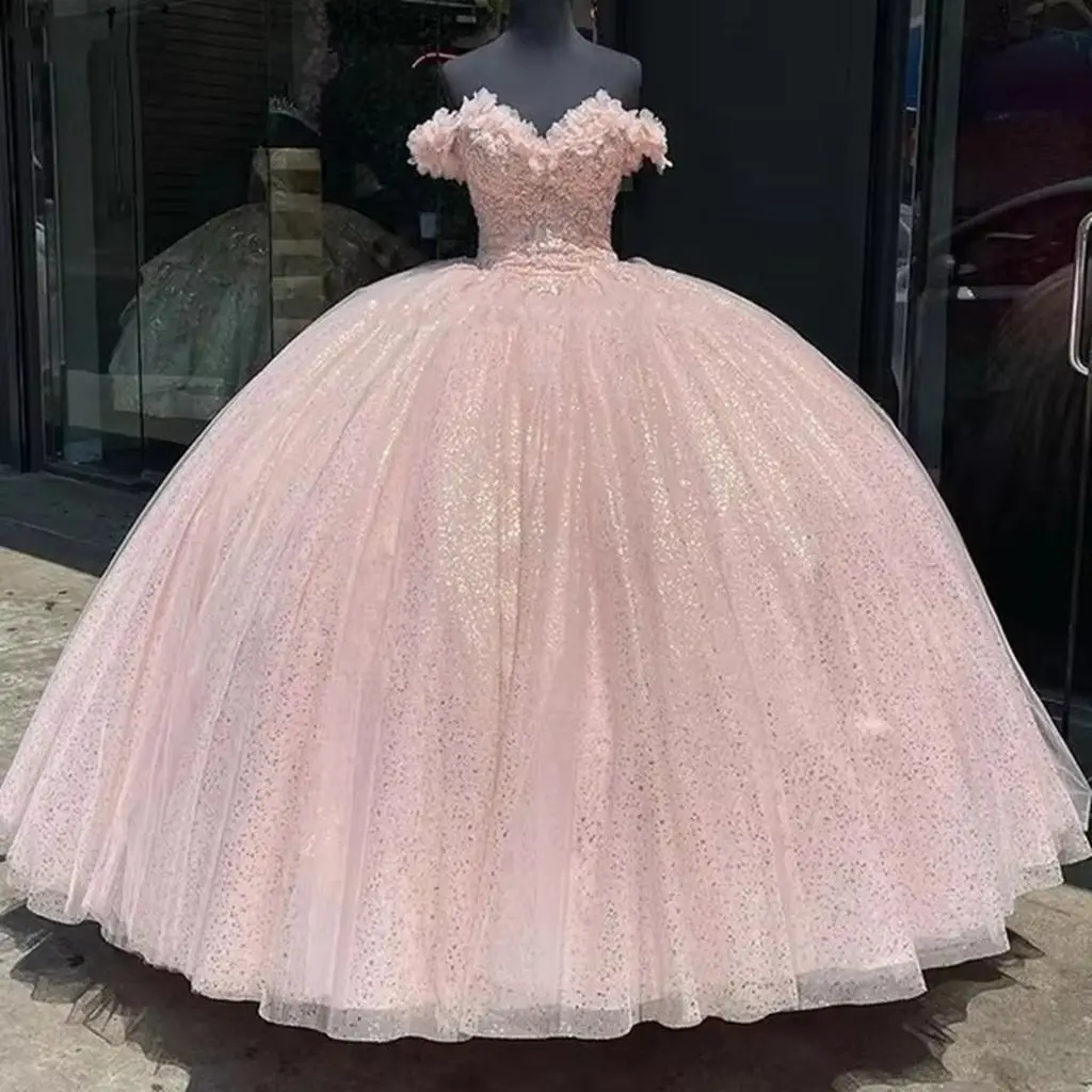 Bomaris Off-Shoulder Ball Gown Quinceanera Dresses Glitter 3D Flower Birthday Princess Party Vestidos De 15 Anos Customized