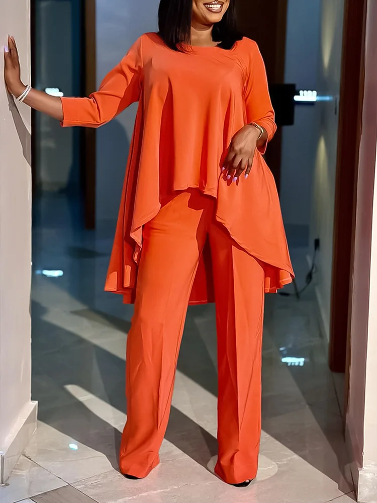

Fashionable temperament new women's large sleeved irregular top wide leg pants solid color casual commuting two-piece set