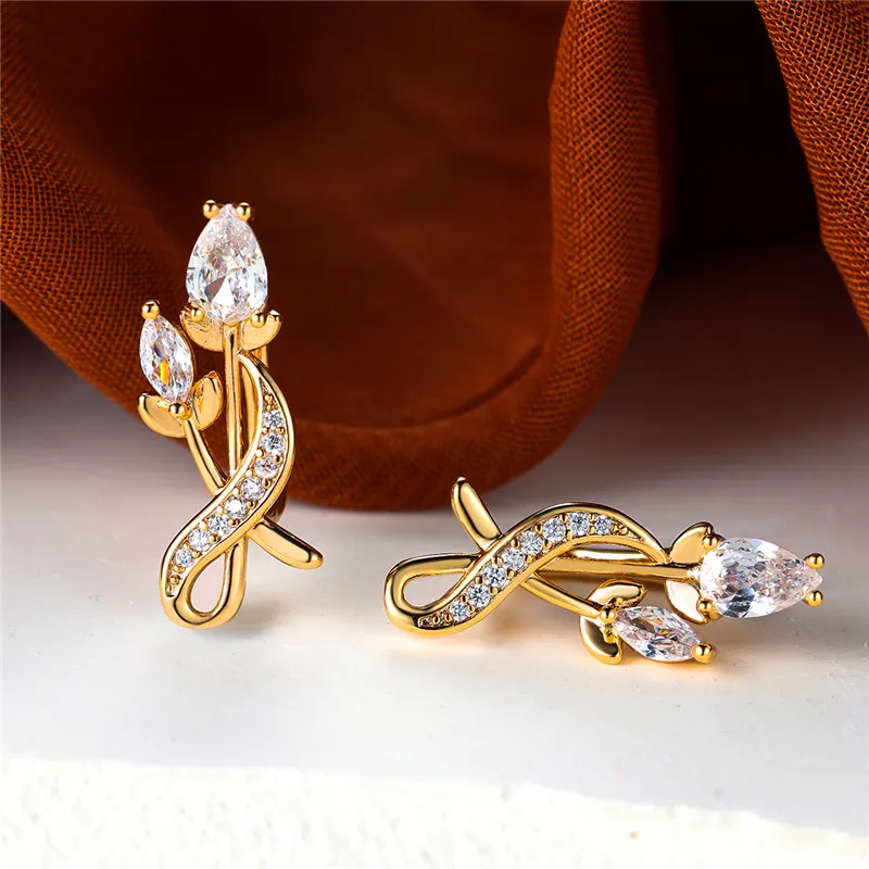 Luxury Female White Zircon Stone Flower Clip Earrings Yellow Gold Color Wedding Jewelry For Women