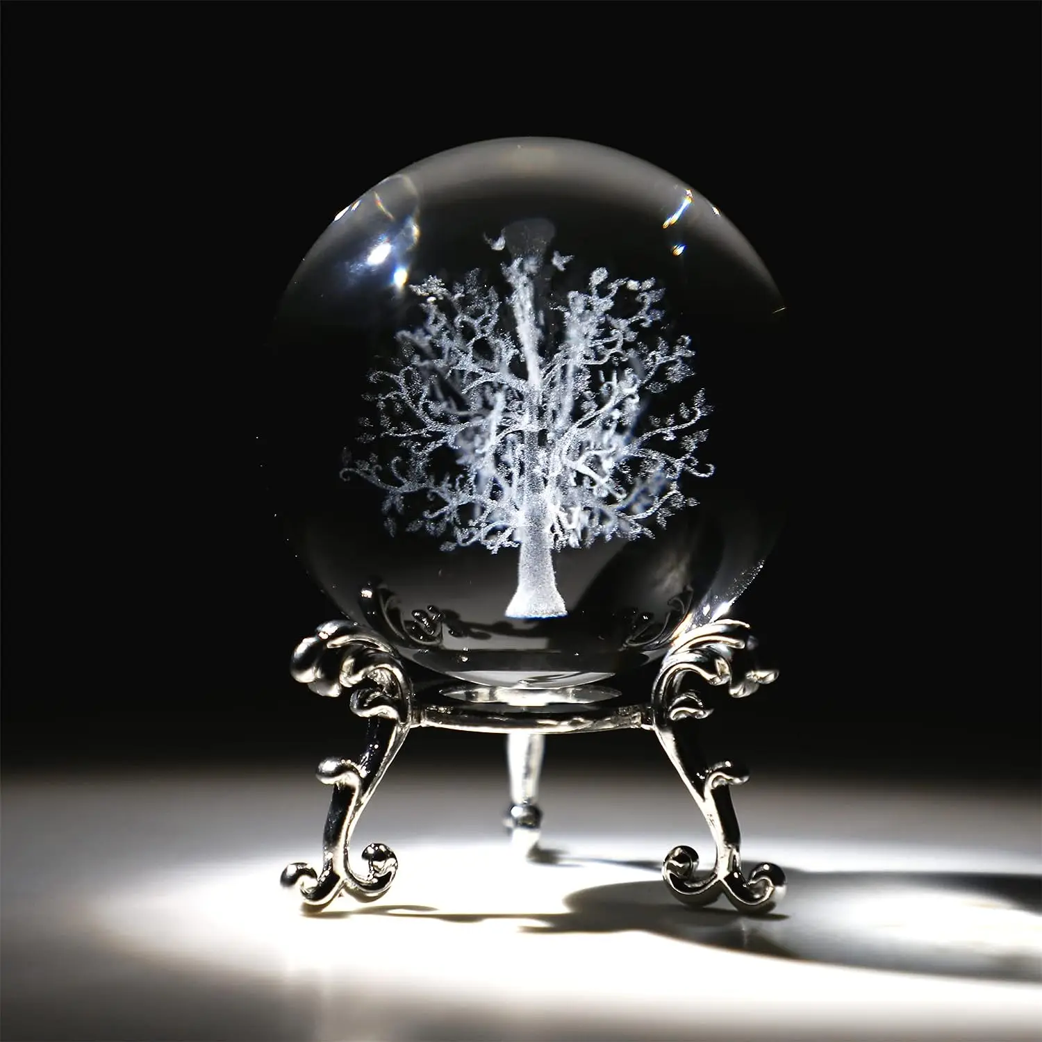 H&D 60mm Tree of Life Crystal Ball with Stand Decorative Paperweight 3D Laser Engraved Glass Plant Sphere Novelty Home Decor