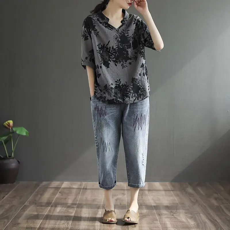 Original Embroidery Distressed Women's Summer New Solid Elastic High Waist Distressed Loose Large Casual Jeans Calf-Length Pants